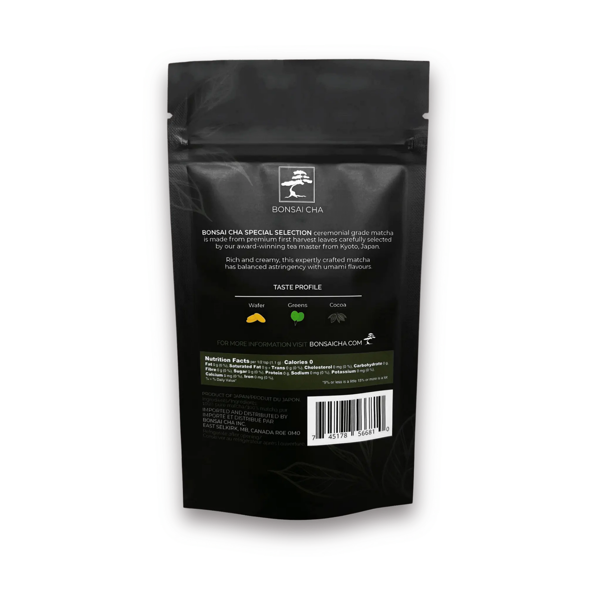 Bonsai Cha Ceremonial Grade Matcha Green Tea Powder pouch back